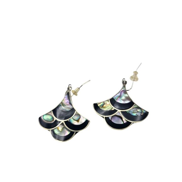 Handmade Alpaca Silver Abalone & Black Onyx Inlay Earrings - Picture 9 of 13